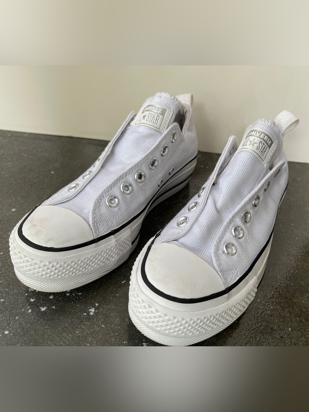 Converse White Canvas Platform Slip-On Sneakers with Shimmer
